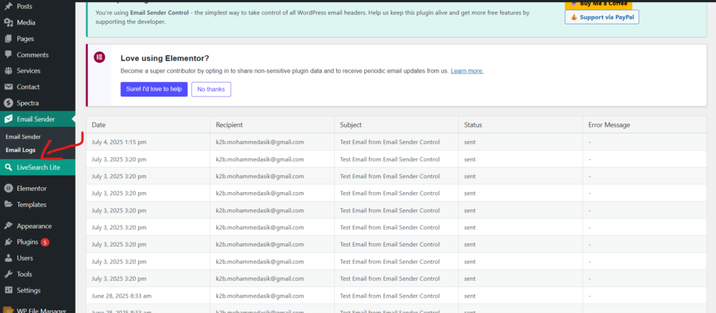 Email sender control logs Email sender control logs