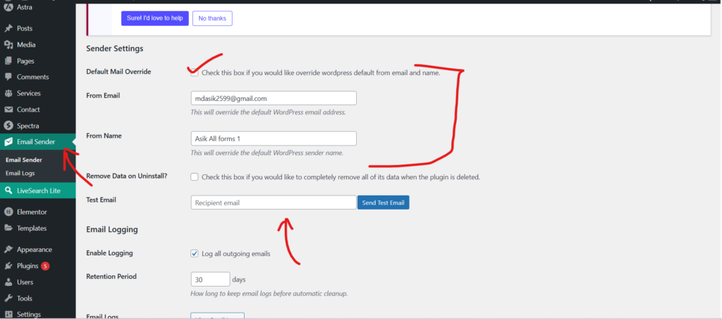 Email sender control settings Email sender control settings